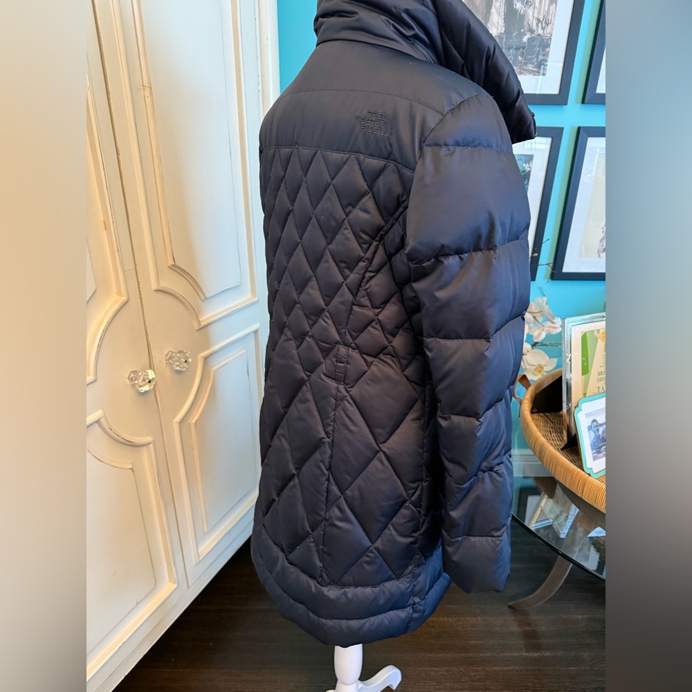 Women’s The NORTHFACE 3/4 length Navy zip jacket hood in collar Sz M - Picture 3 of 16